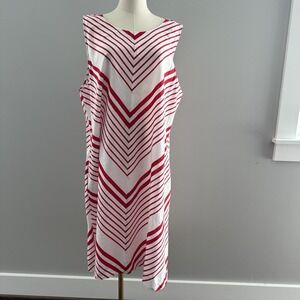 Liz Claiborne Linen Blend Midi Dress XXL Red White Chevron Shift Pockets